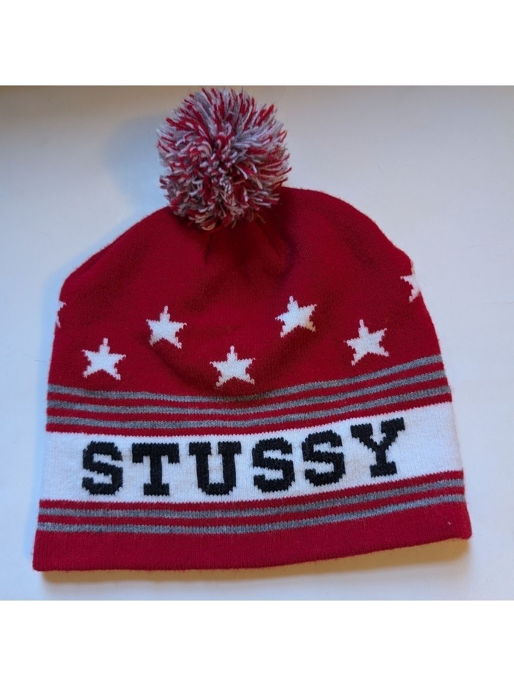 Stussy Red and White Beanie with Pom Pom In EUC